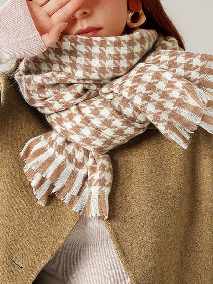 Fringed Houndstooth Keep Warm Shawl&Scarf
