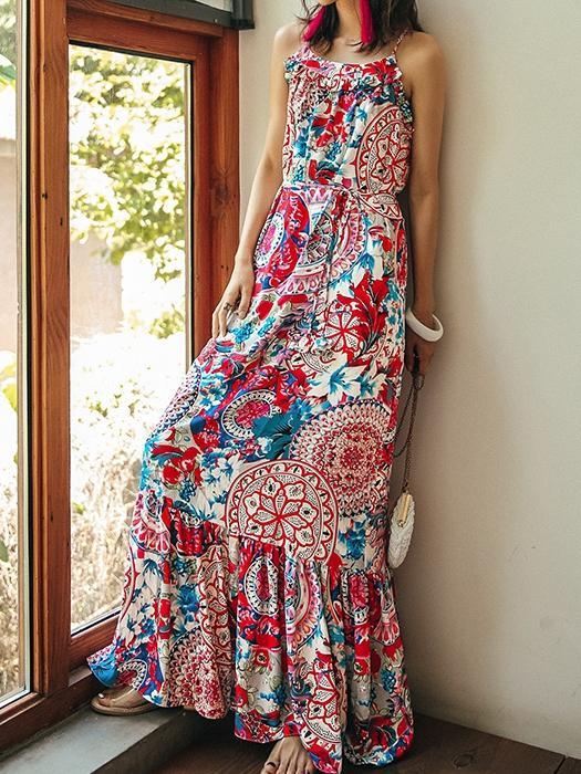 Ethnic Style Summer Bohemian Holiday Thailand Beach Spaghetti-Strap Long Dress