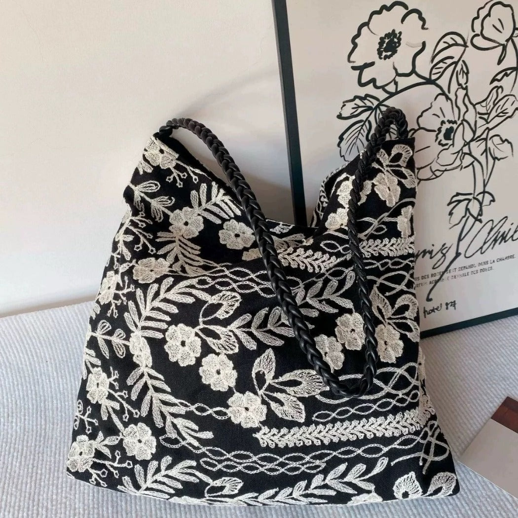 Cosbai - Embroidered Flower Shoulder Tote Bag - Basic &amp; Simple