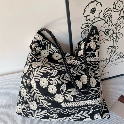 Cosbai - Embroidered Flower Shoulder Tote Bag - Basic &amp; Simple