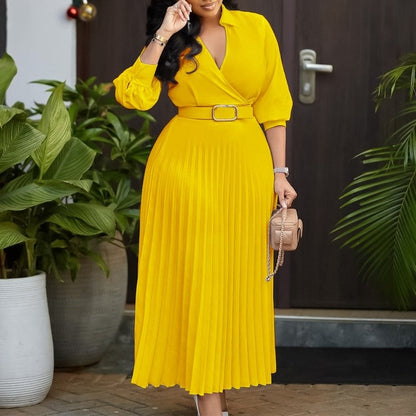 Solid Color Long Sleeve Pleated V-Neck Maxi Dress
