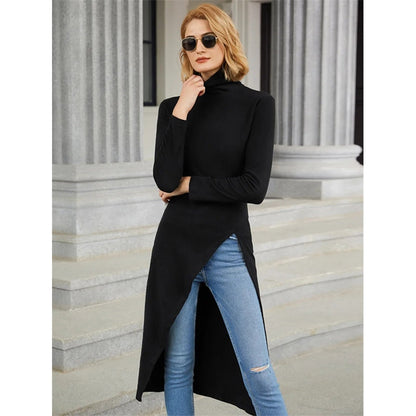 Skinny Solid Color Split-Side High-Neck T-Shirts Tops