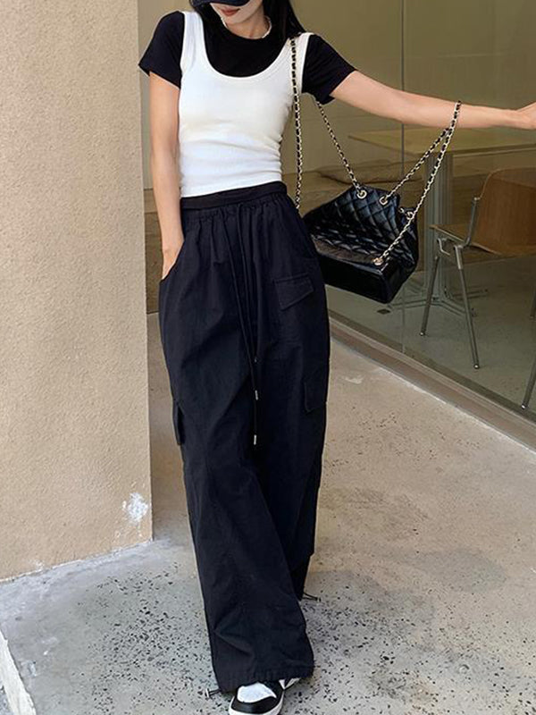 High Waisted Loose Drawstring Elasticity Pockets Solid Color Split-Joint Pants Trousers