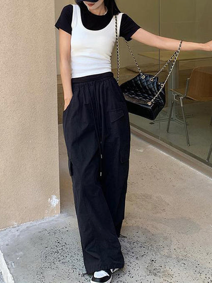 High Waisted Loose Drawstring Elasticity Pockets Solid Color Split-Joint Pants Trousers