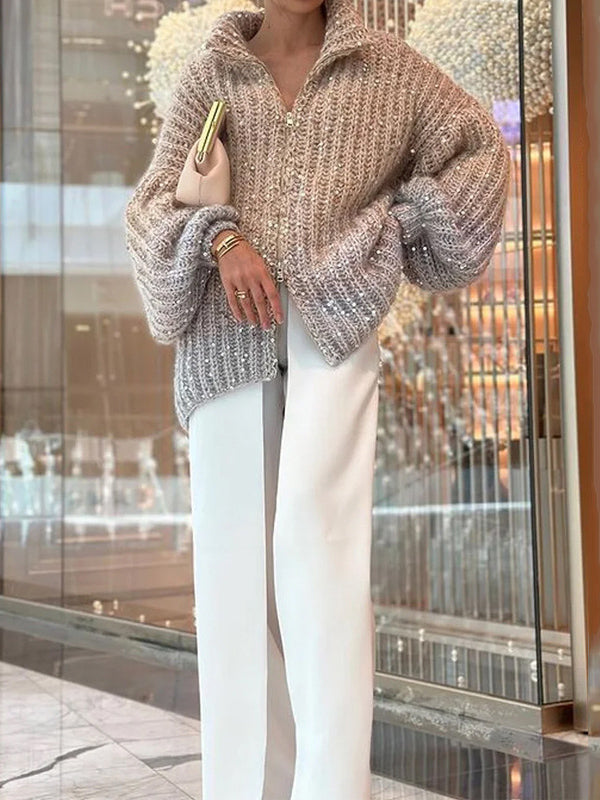 Loose Gradient Sequined Zipper High-Neck Sweater Tops