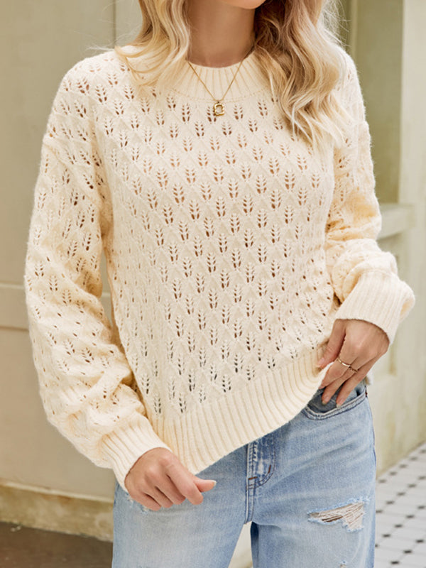 Long Sleeves Loose Hollow Solid Color Round-Neck Knitwear Pullovers Sweater Tops
