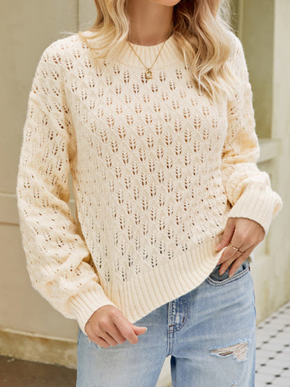 Long Sleeves Loose Hollow Solid Color Round-Neck Knitwear Pullovers Sweater Tops