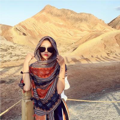 Autumn And Winter New Bohemian Retro Art Stripe Tassel Soft Cotton Scarf Shawl