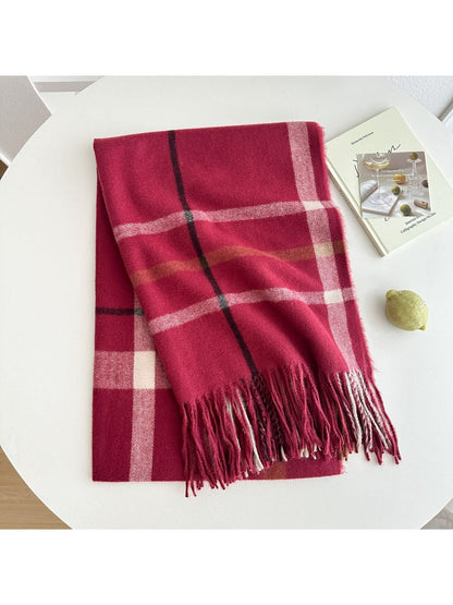 Scarvii - Reversible Color-Block Plaid Scarf with Fringe