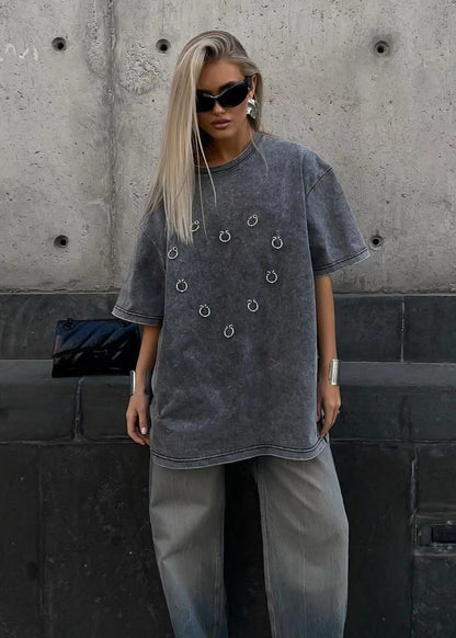 Oversized Cotton Tee With Metallic Ring Accents