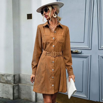 Shirt Style Lapel Long Sleeve Corduroy Dress