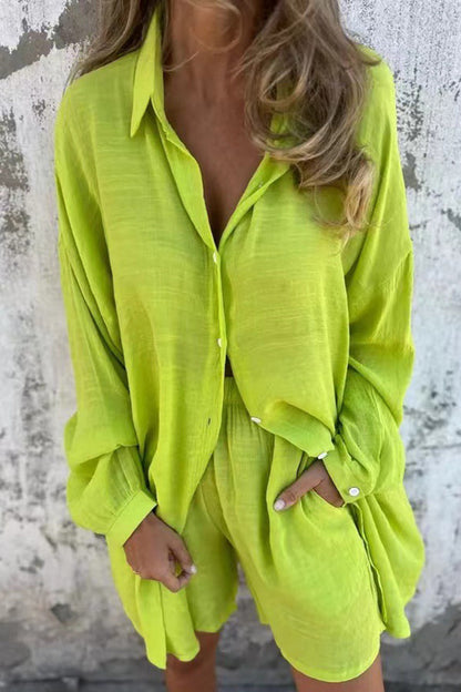 Solid Color Casual Lapel Long Shirt and Elastic Waist Loose Pocket Shorts Set