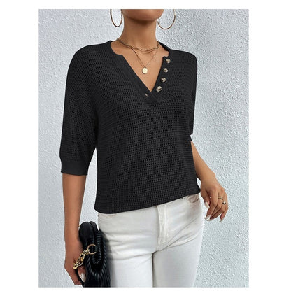 Casual V-Neck Hollow Short-Sleeved Sweater