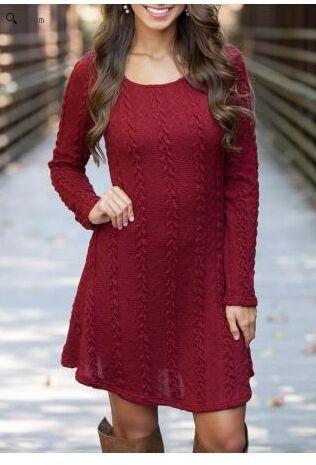 Spring Four-Color Knit Padded Sweater Round Neck Long Sleeve Dress