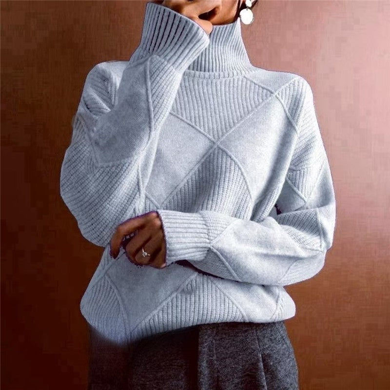 Fashion High Neck Diamond Texture Solid Color Pullover