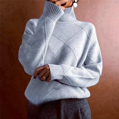 Fashion High Neck Diamond Texture Solid Color Pullover