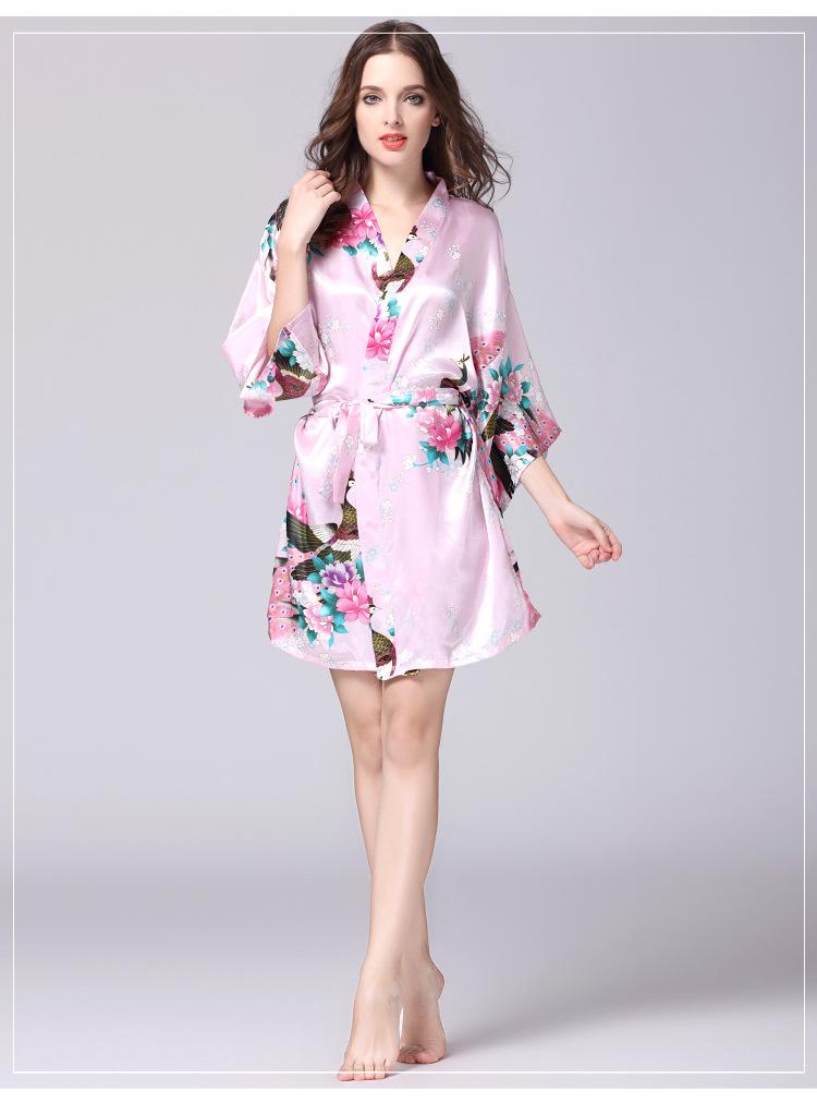 Silk Nightgown Women'S Summer Mid Sleeve Peacock Pajamas Bathrobe Large Size Home Clothes 1