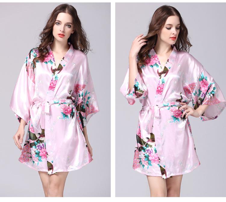 Silk Nightgown Women'S Summer Mid Sleeve Peacock Pajamas Bathrobe Large Size Home Clothes 1