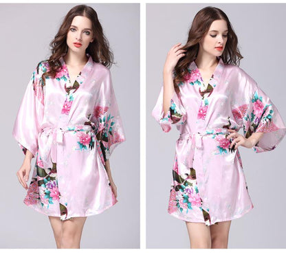 Silk Nightgown Women'S Summer Mid Sleeve Peacock Pajamas Bathrobe Large Size Home Clothes 2