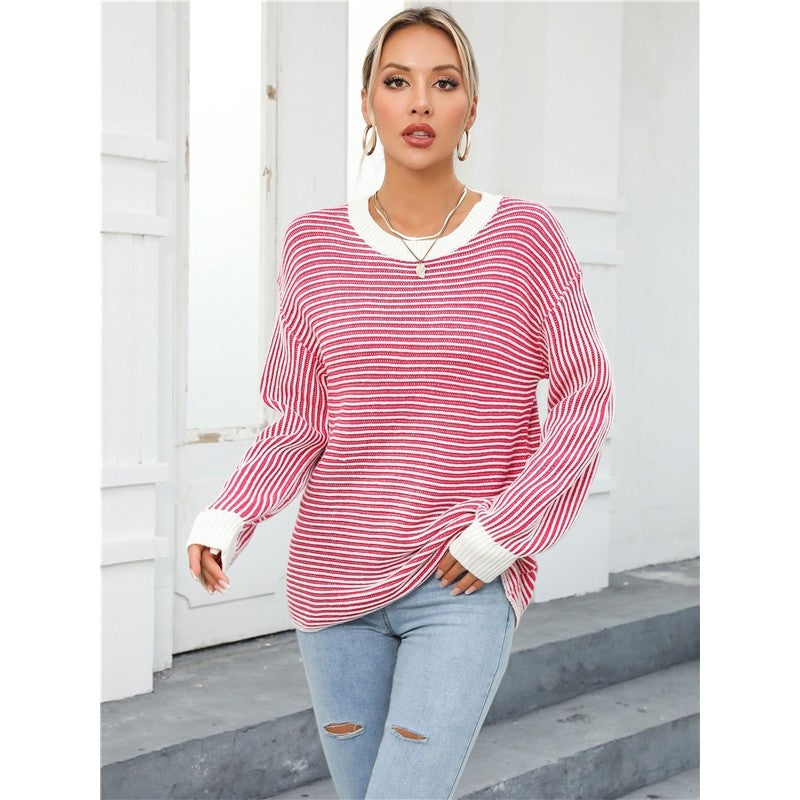 Striped Simple Crew Neck Long Sleeve Sweater