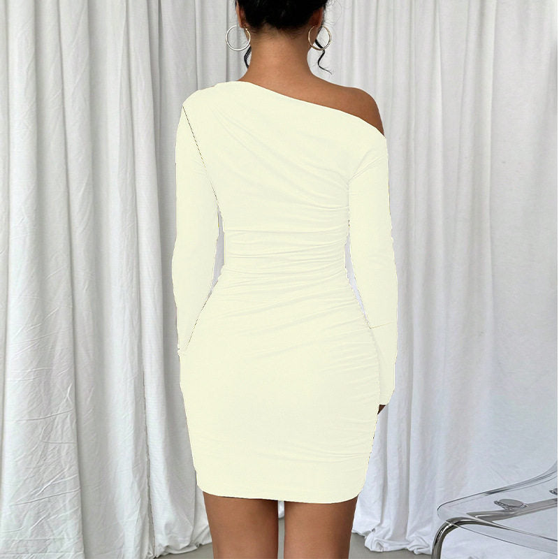 Solid Color Off Shoulder Long Sleeve Bodycon Short Dress