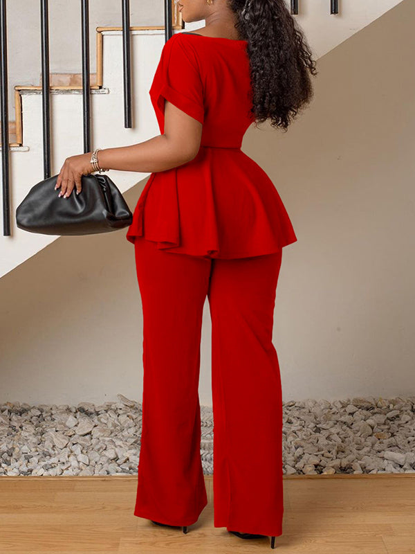 Solid Color Short Sleeves Tied Waist Round-Neck Shirts Top + High Waisted Pants Bottom Two Pieces Set