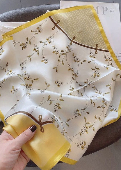 Floral Satin Polyester Square Scarf With Golden Border