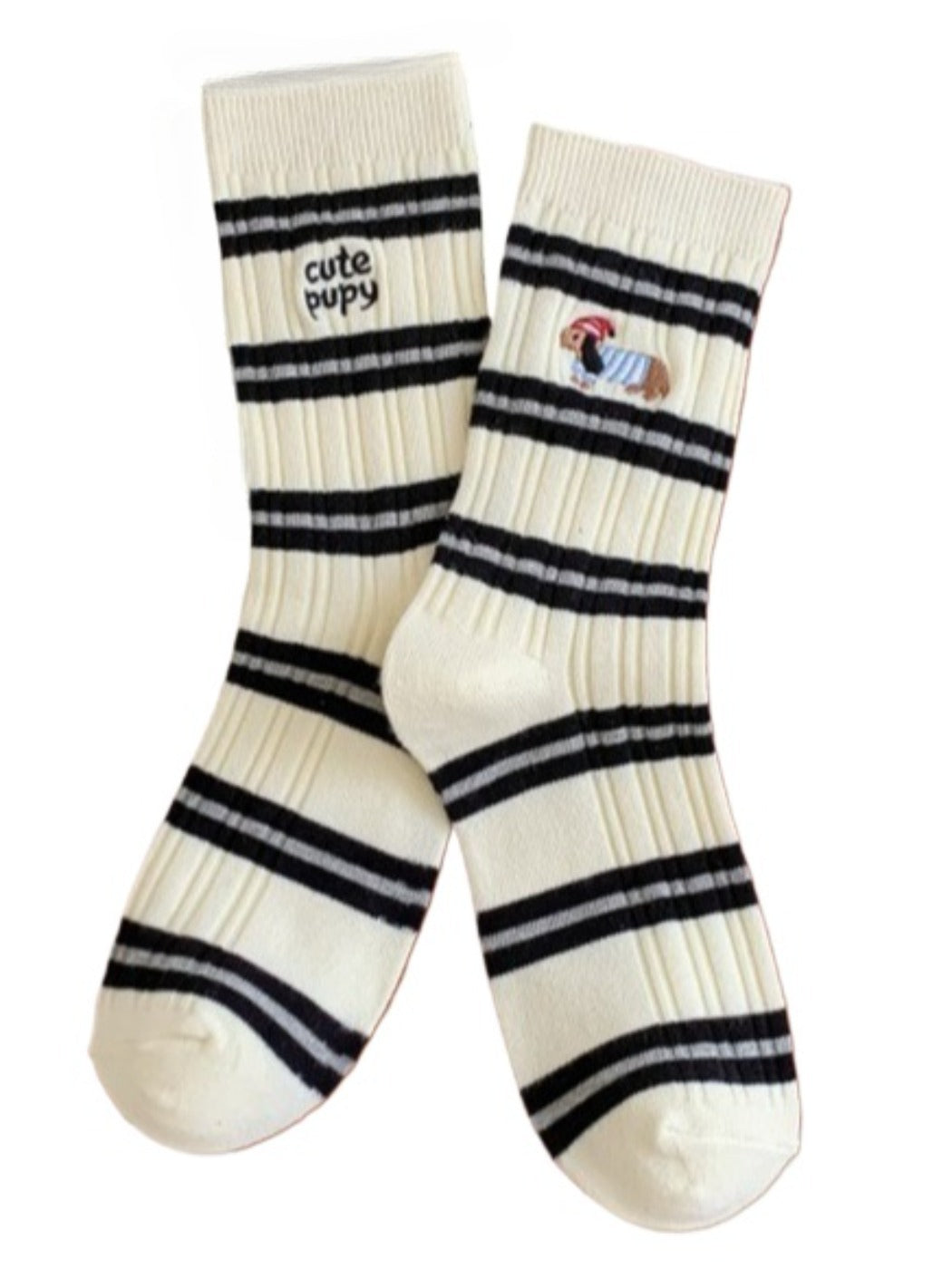 Rufia - Stripes Mid-calf Socks with Dog Patterns