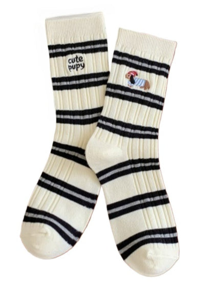 Rufia - Stripes Mid-calf Socks with Dog Patterns