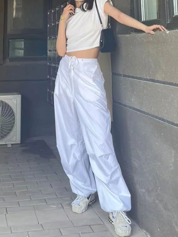 Loose Drawstring See-Through Solid Color Pants Trousers