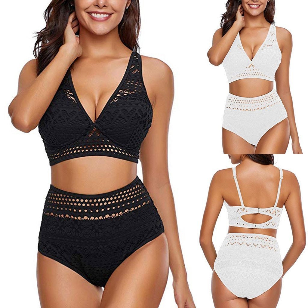 Women'S Two Pieces Crochet Lace High Waist V Neck Bikini Set