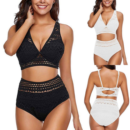 Women'S Two Pieces Crochet Lace High Waist V Neck Bikini Set