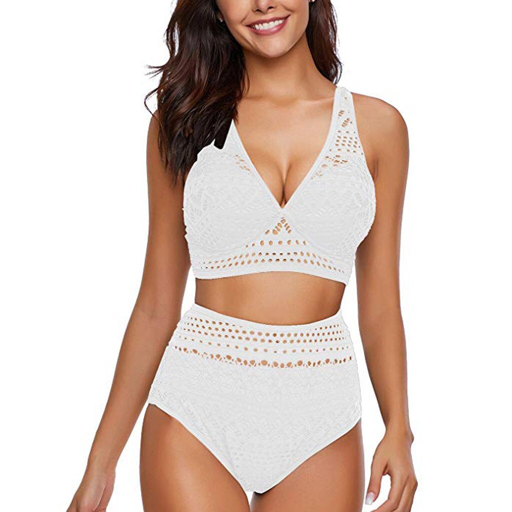 Women'S Two Pieces Crochet Lace High Waist V Neck Bikini Set