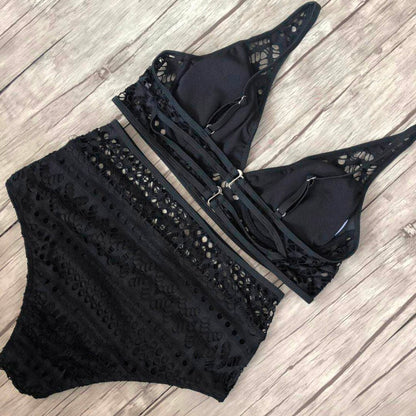Women'S Two Pieces Crochet Lace High Waist V Neck Bikini Set
