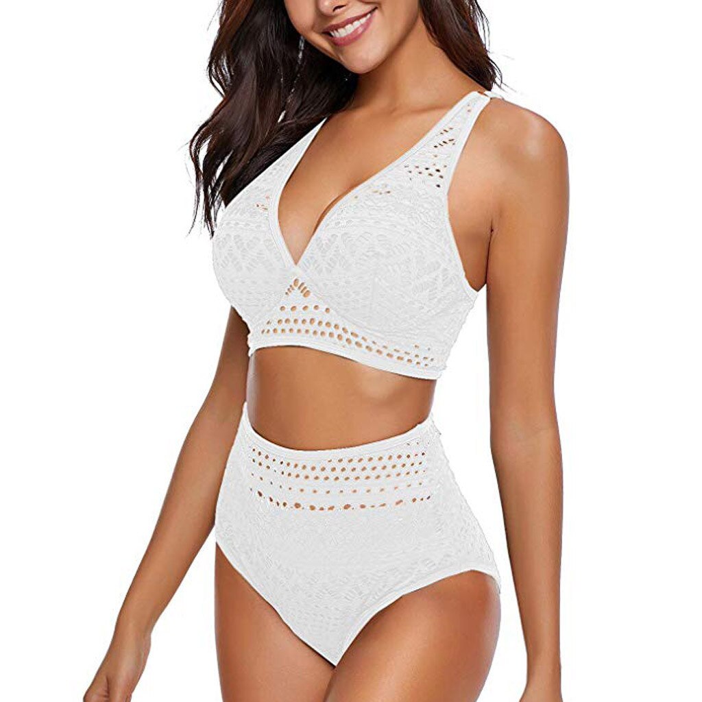 Women'S Two Pieces Crochet Lace High Waist V Neck Bikini Set