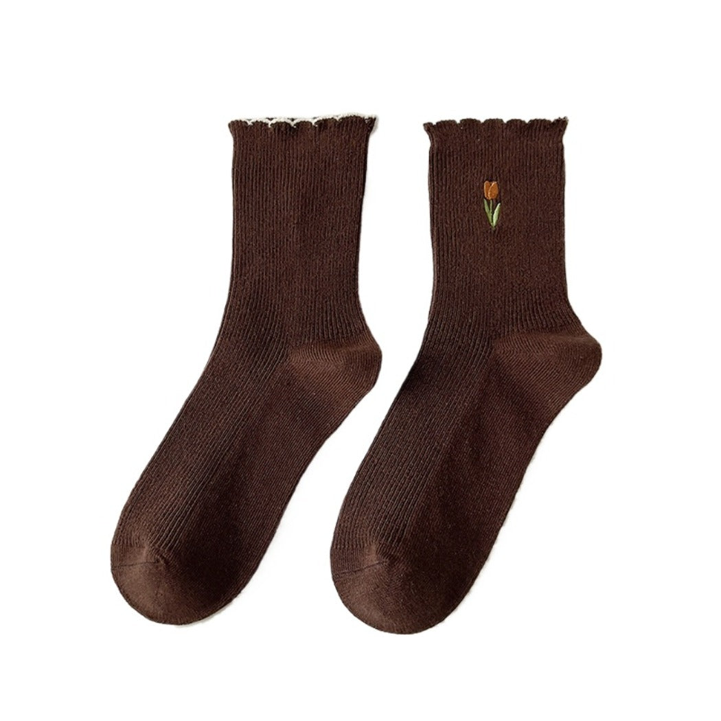 Rufia - Solid-Color Floral Tulip Socks - Sweet &amp; Classic