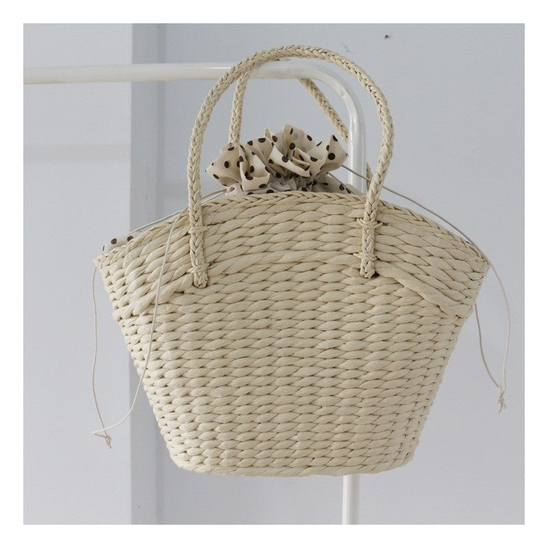 Polka Dot Drawstring Woven Handbag