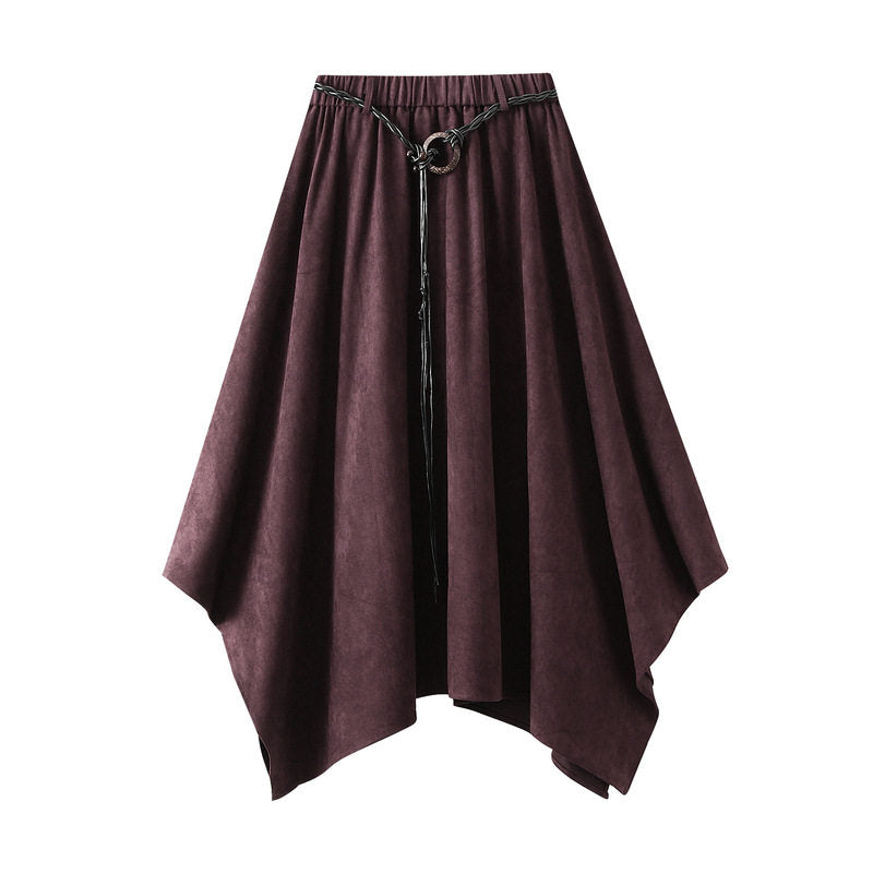High Waist Suede Skirt With Belt And Asymmetrical Hem