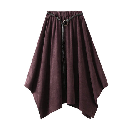 High Waist Suede Skirt With Belt And Asymmetrical Hem