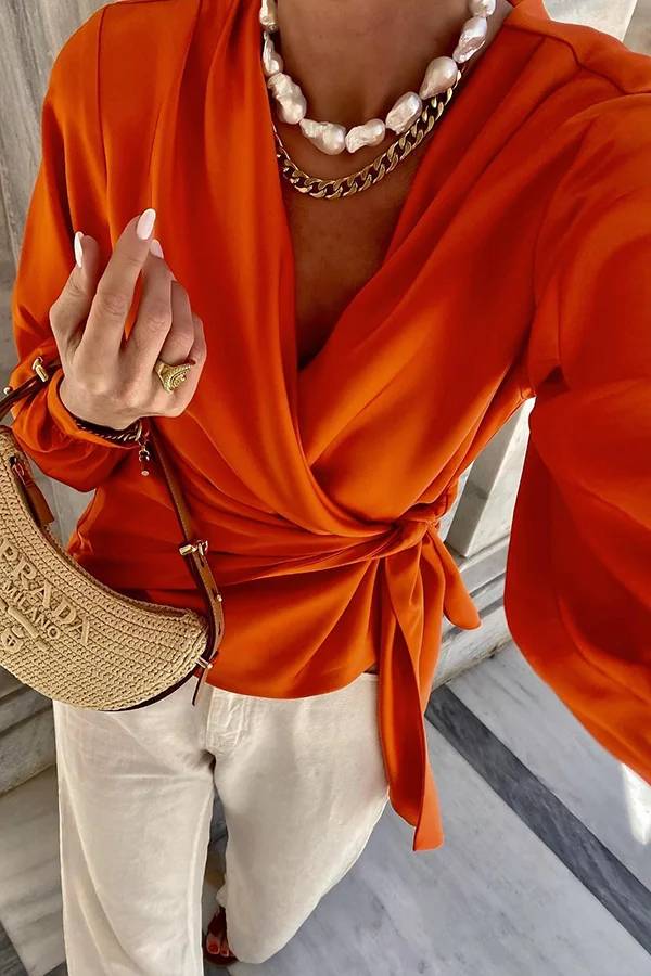 Satin Solid Color V-neck Tie Up Long Sleeve Loose Shirt