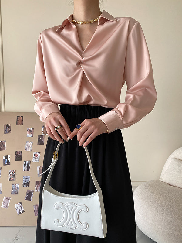 Long Sleeves Knot Pleated Solid Color Split-Joint Lapel Blouses&Shirts Tops