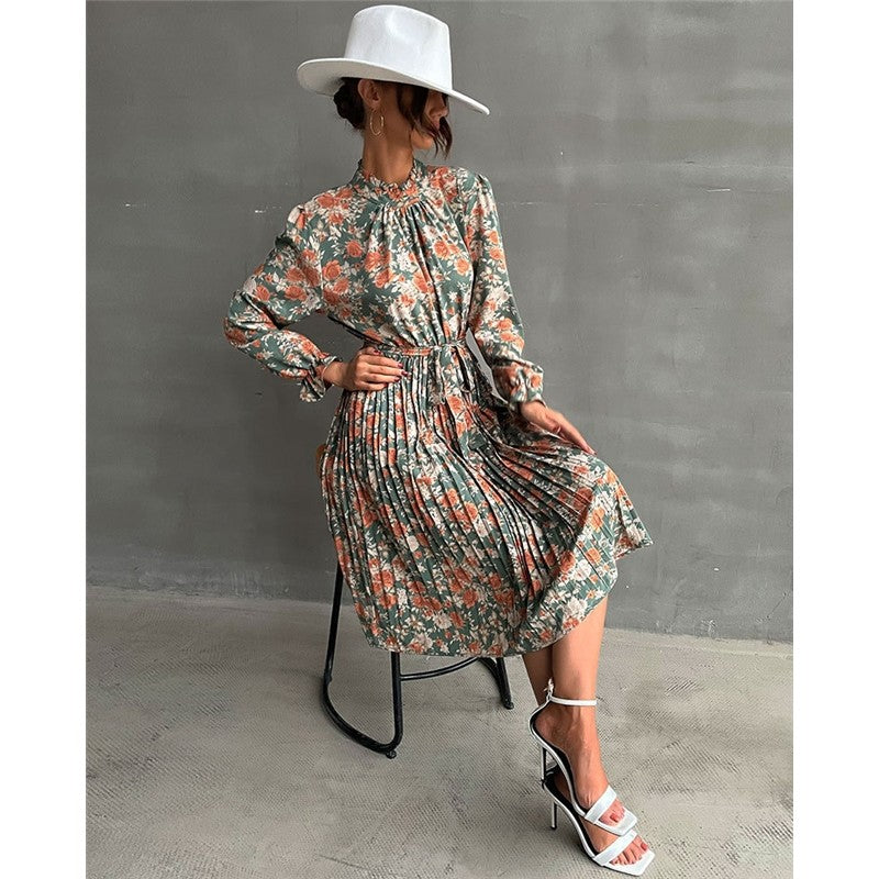 Printed Belted Half Turtleneck Dress With Petal Sleeves