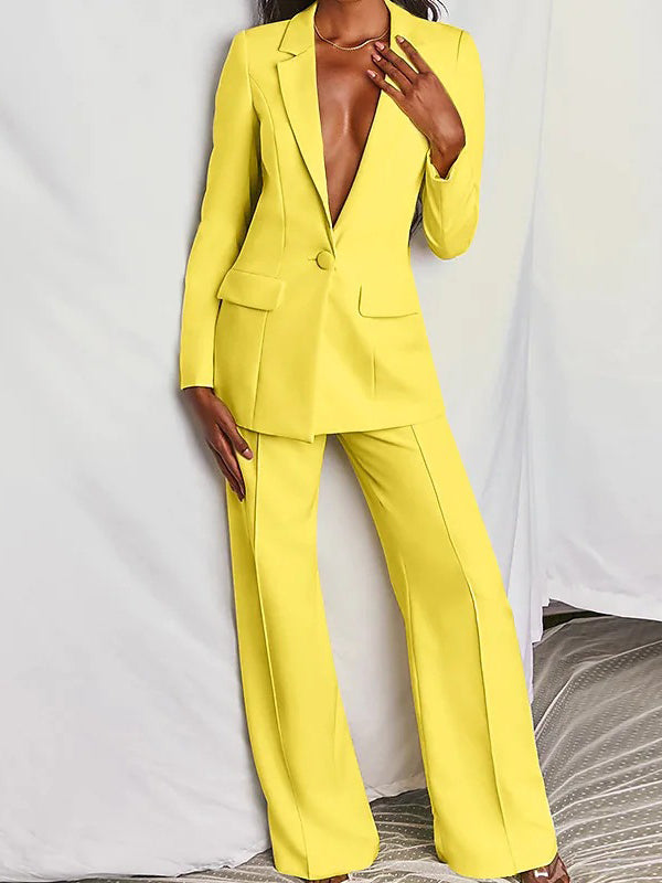 Long Sleeves Wrap Solid Color Deep V-Neck Cardigan&Pants Suits