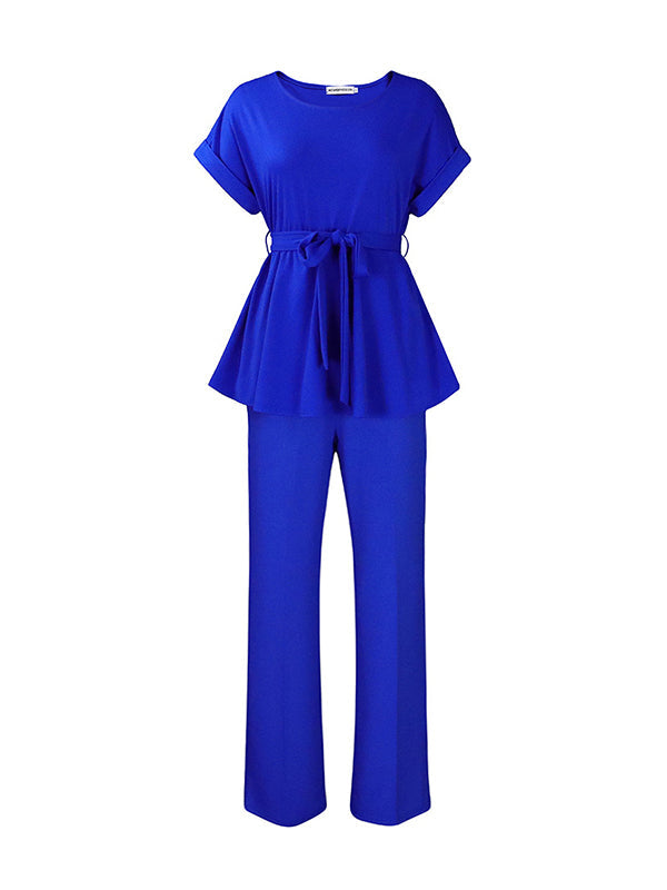 Solid Color Short Sleeves Tied Waist Round-Neck Shirts Top + High Waisted Pants Bottom Two Pieces Set