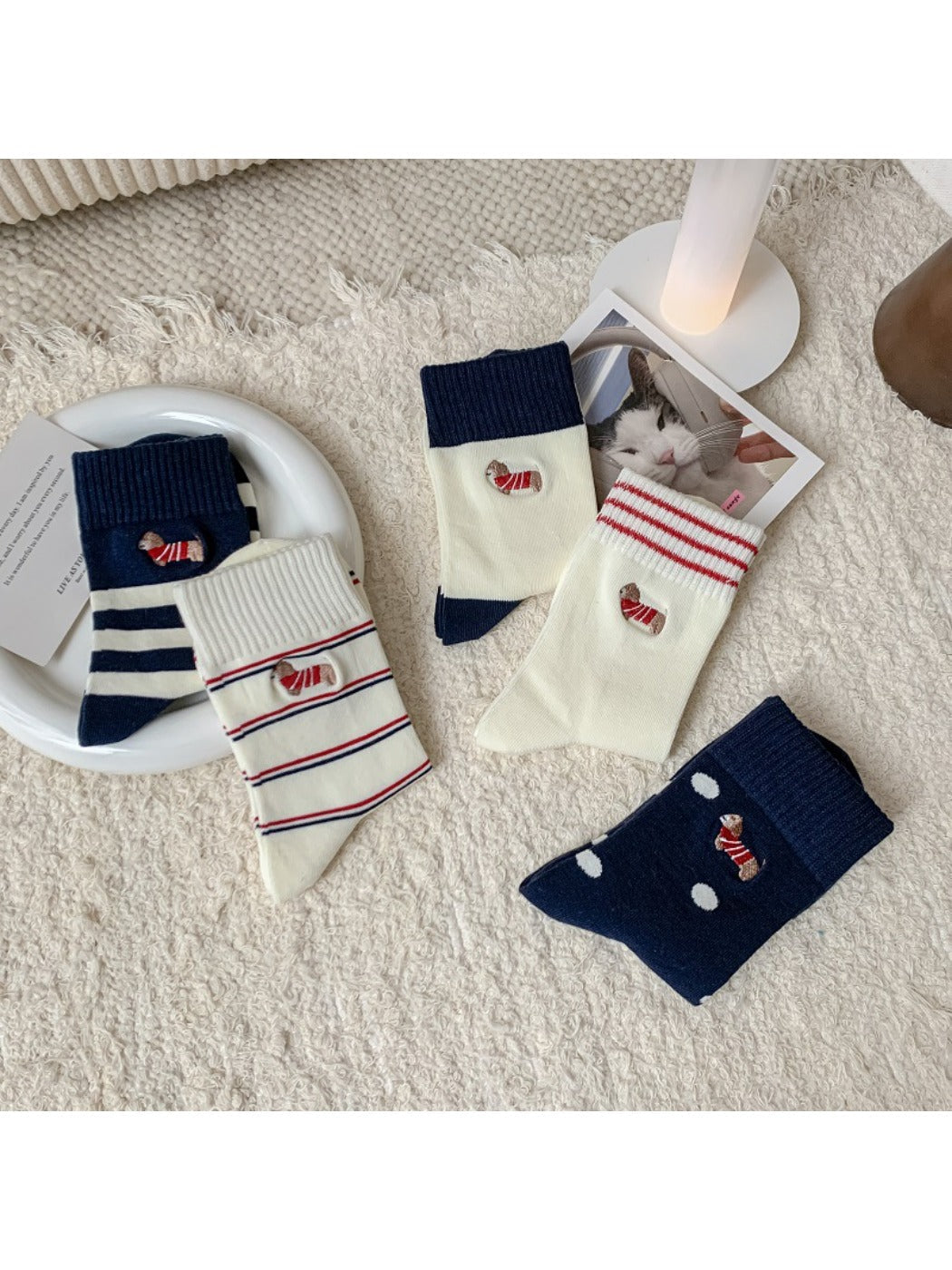Rufia - Cartoon Dog Embroidered Striped Socks