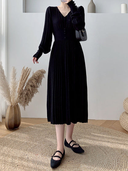 Solid Color Tied Waist Pleated Long Sleeves V-Neck Sweater Dresses