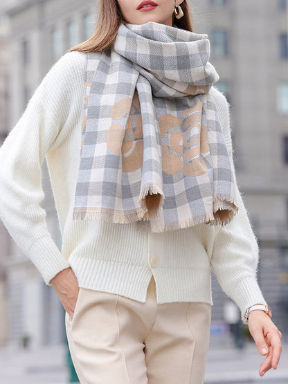 Fringed Keep Warm Knitted Flower Plaid Shawl&Scarf