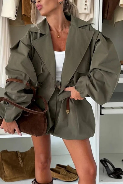 Fashion Style Button Long Balloon Sleeve Pocket Lapel Casual Bomber Jacket
