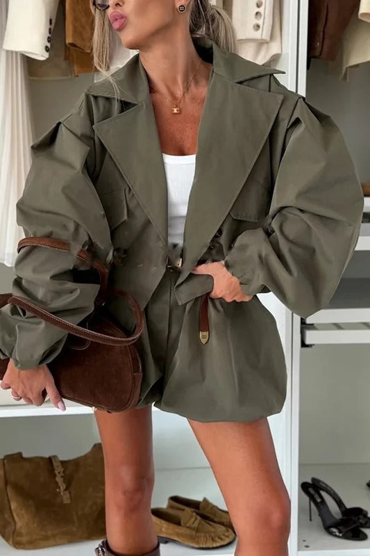 Fashion Style Button Long Balloon Sleeve Pocket Lapel Casual Bomber Jacket