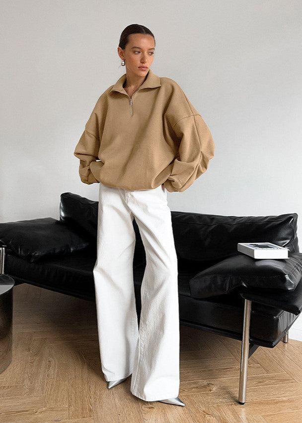 Oversized Cotton Blend Zipper Pullover Sweatshirt